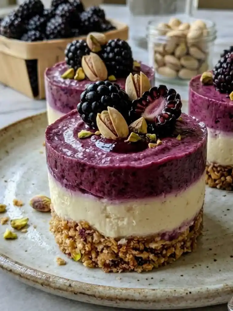 Pistachio Blackberry Cheesecake Towers with creamy layers, fresh blackberries, and crunchy pistachio crust