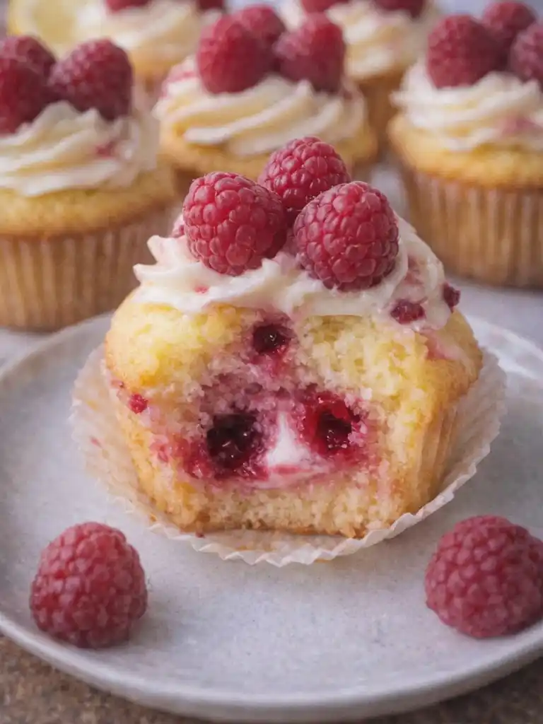 Lemon Raspberry Cupcakes with raspberry filling and creamy frosting topped with fresh berries