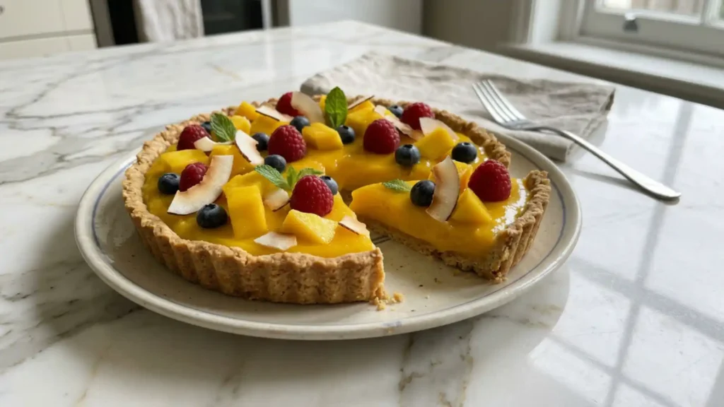 Mango curd tart with coconut crust topped with fresh mango, raspberries, blueberries, and coconut flakes