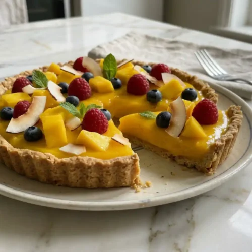 Mango curd tart with coconut crust topped with fresh mango, raspberries, blueberries, and coconut flakes
