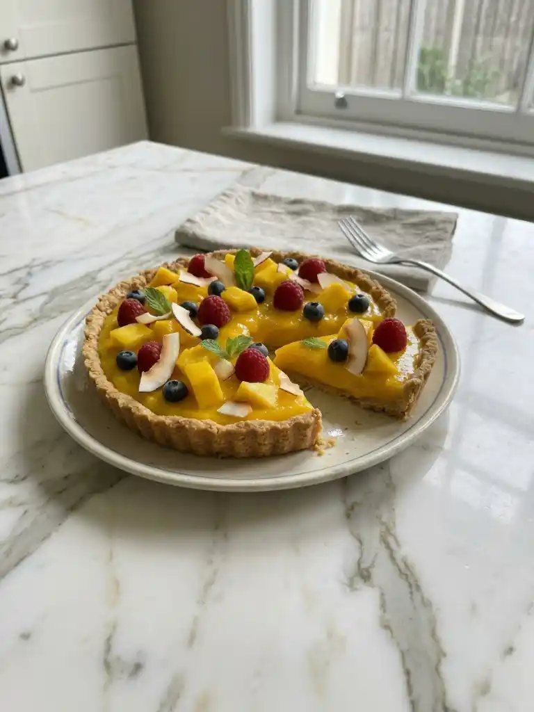 Mango curd tart topped with fresh mango cubes, raspberries, blueberries, and coconut flakes on a marble table