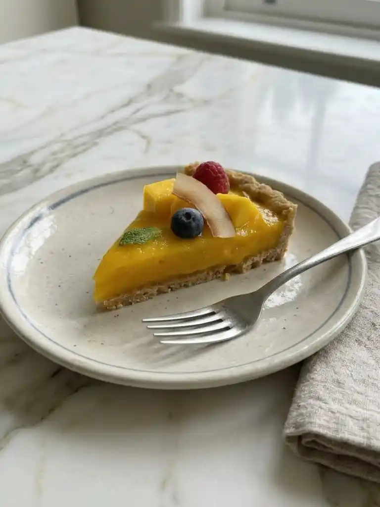 Slice of mango curd tart with coconut crust topped with fresh mango, raspberry, blueberry, and mint