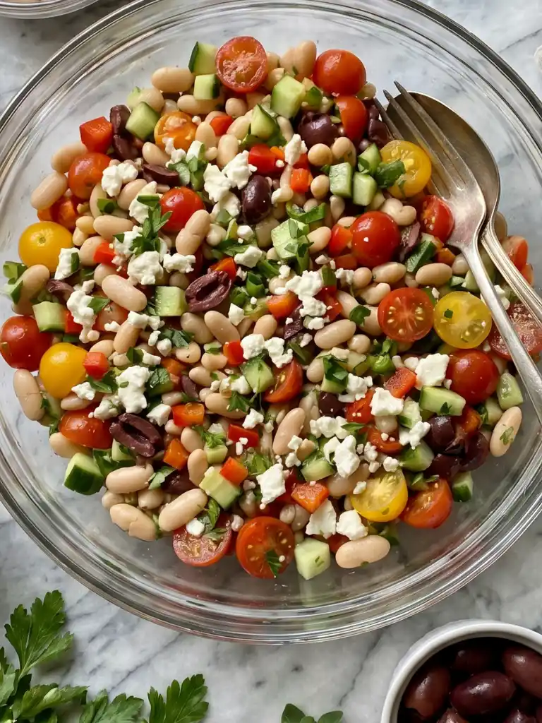 Mediterranean White Bean Salad with tomatoes, cucumber, olives, and feta in glass bowl