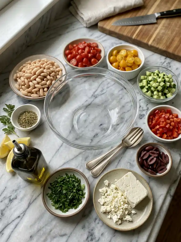 Mediterranean White Bean Salad ingredients including white beans, tomatoes, cucumber, feta, and olives