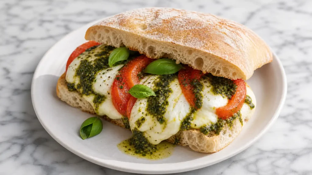 Melty Caprese Sandwich with melted mozzarella, fresh tomatoes, basil pesto, and crispy ciabatta bread