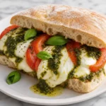Melty Caprese Sandwich 10 Melty Caprese Sandwich with melted mozzarella, fresh tomatoes, basil pesto, and crispy ciabatta bread