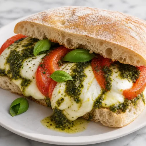 Melty Caprese Sandwich 3 Melty Caprese Sandwich with melted mozzarella, fresh tomatoes, basil pesto, and crispy ciabatta bread