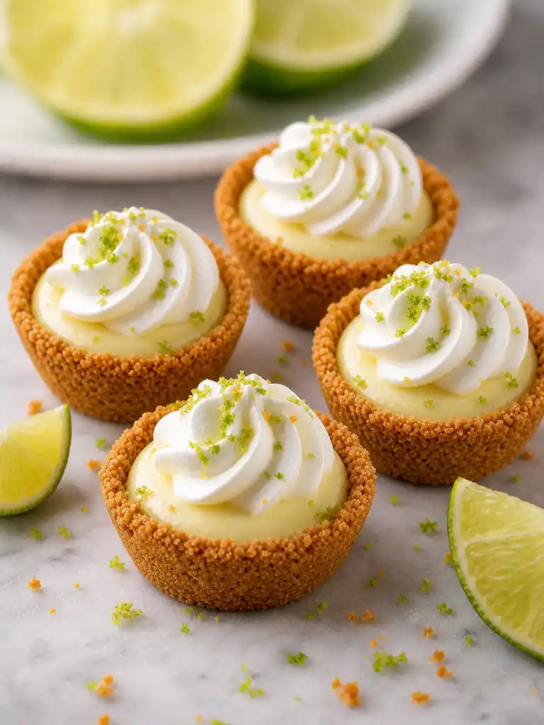 Mini No Bake Key Lime Pies with whipped cream swirls and lime zest in crisp graham cracker crusts