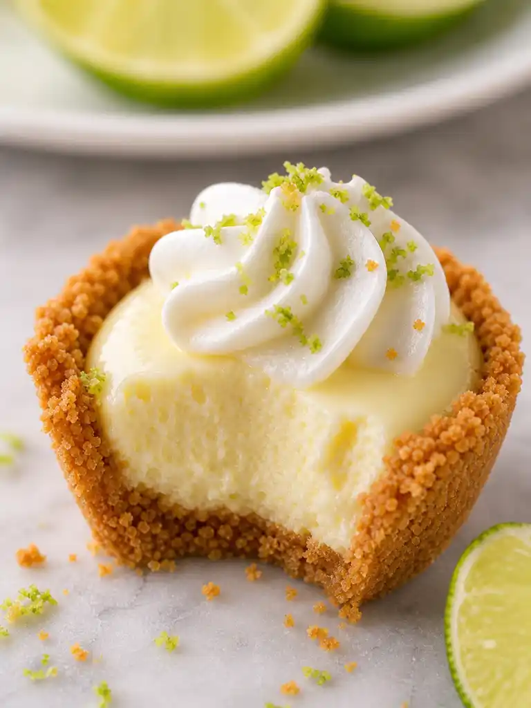 Mini No Bake Key Lime Pies with whipped cream topping and graham crust, showing creamy citrus center