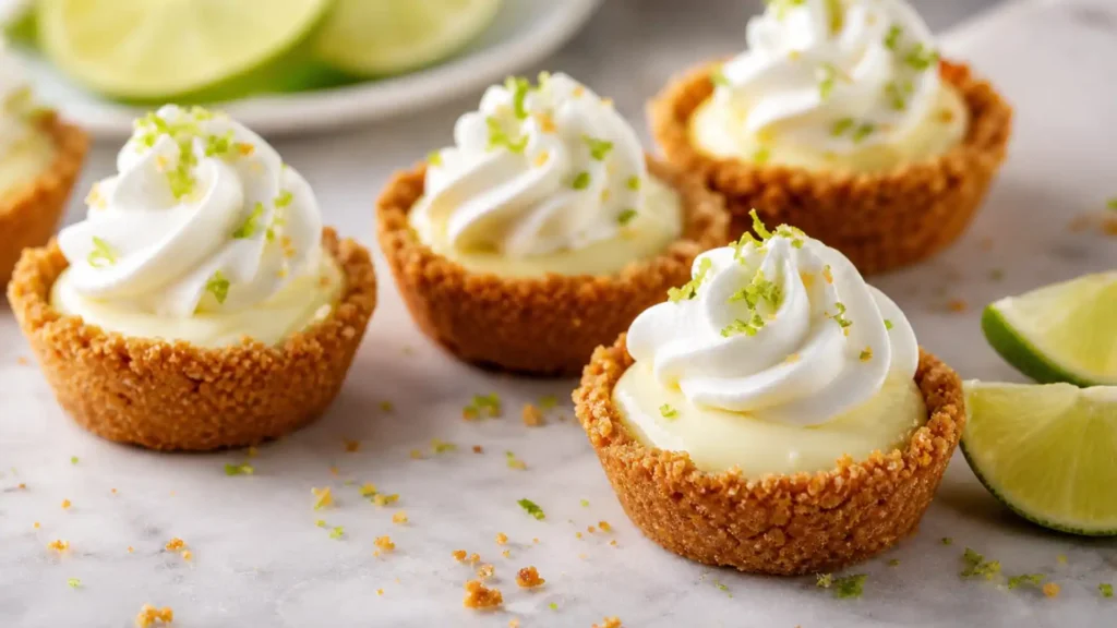 Mini No Bake Key Lime Pies topped with whipped cream and lime zest in graham cracker crust cups