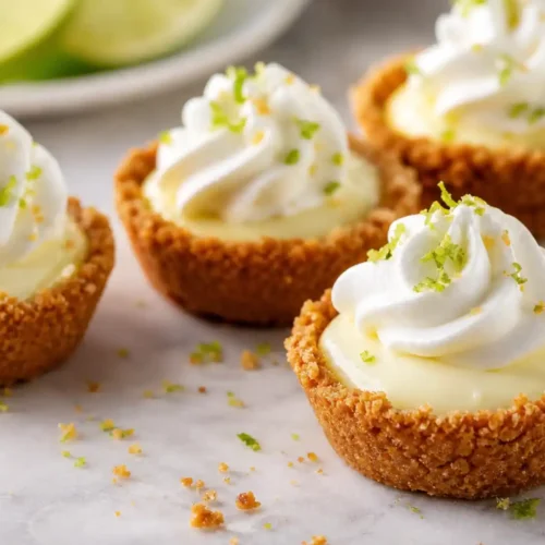 Mini No Bake Key Lime Pies topped with whipped cream and lime zest in graham cracker crust cups