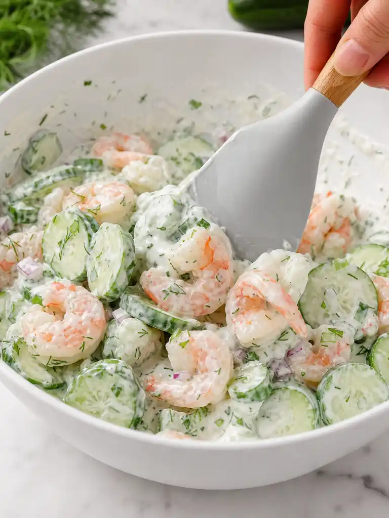 Creamy Cucumber Shrimp Salad being mixed with Greek yogurt dressing and fresh dill in white bowl