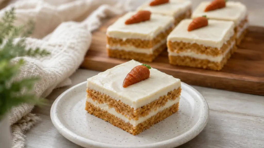 Slice of No-Bake Carrot Cake with creamy frosting and carrot topping on a white plate