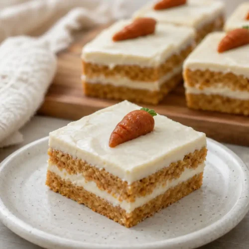 Slice of No-Bake Carrot Cake with creamy frosting and carrot topping on a white plate