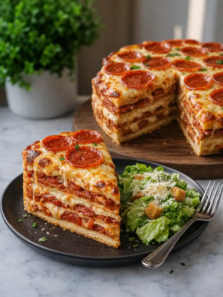 Pepperoni Pizza Layer Cake (Easy Party Recipe) 3 Pepperoni Pizza Layer Cake slice served with salad, showing stacked crust, cheese, and beef pepperoni layers