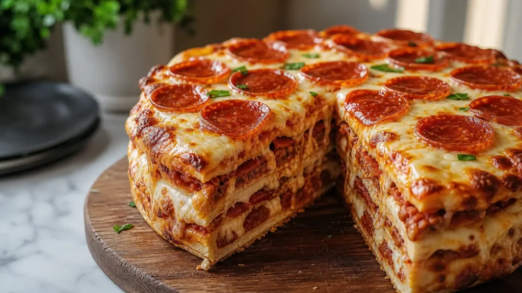 Pepperoni Pizza Layer Cake with stacked crust layers, melted cheese, and beef pepperoni on a wooden board