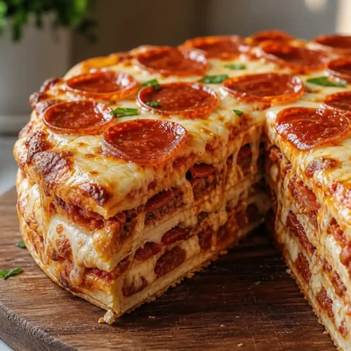 Pepperoni Pizza Layer Cake (Easy Party Recipe) 4 Pepperoni Pizza Layer Cake with stacked crust layers, melted cheese, and beef pepperoni on a wooden board