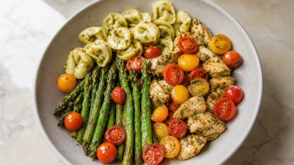 Pesto Chicken Tortellini and Veggies with asparagus, cherry tomatoes, and basil pesto in a bowl
