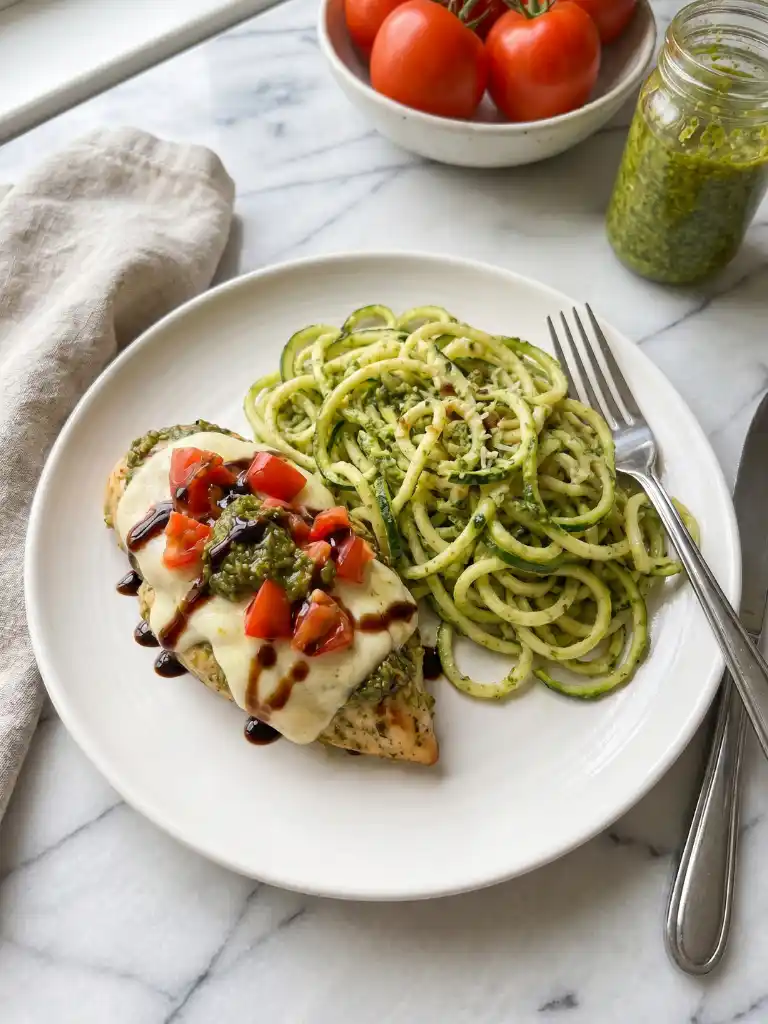 Pesto Bruschetta Chicken served with zucchini noodles and topped with mozzarella, pesto, tomatoes, and balsamic glaze