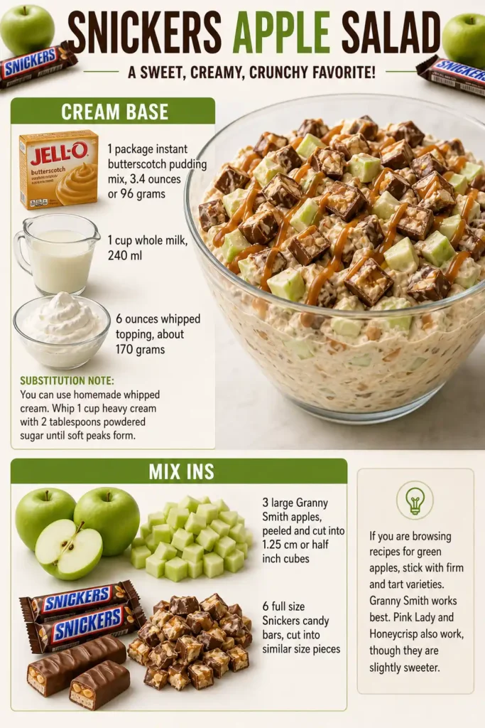 Snickers Apple Salad ingredients infographic with pudding, green apples, whipped topping, and candy bars