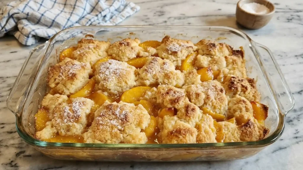 Southern peach cobbler baked in a glass dish with golden biscuit topping and juicy peach filling