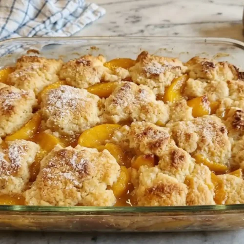 Southern peach cobbler baked in a glass dish with golden biscuit topping and juicy peach filling