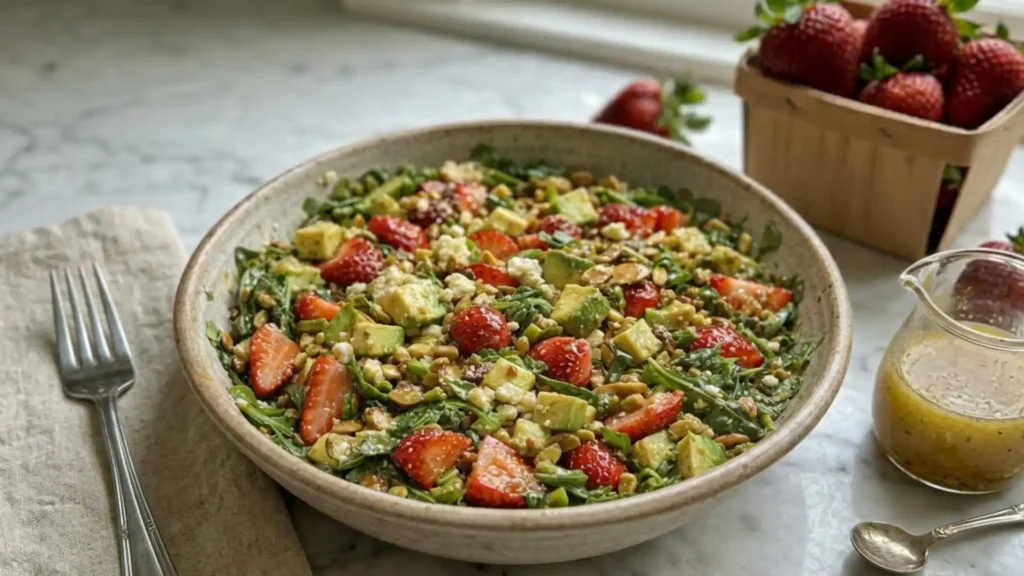 Strawberry Crunch Salad with avocado, pistachios, goat cheese, and lemon dressing in a rustic bowl