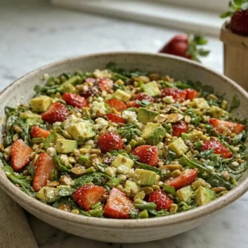 Strawberry Crunch Salad with avocado, pistachios, goat cheese, and lemon dressing in a rustic bowl