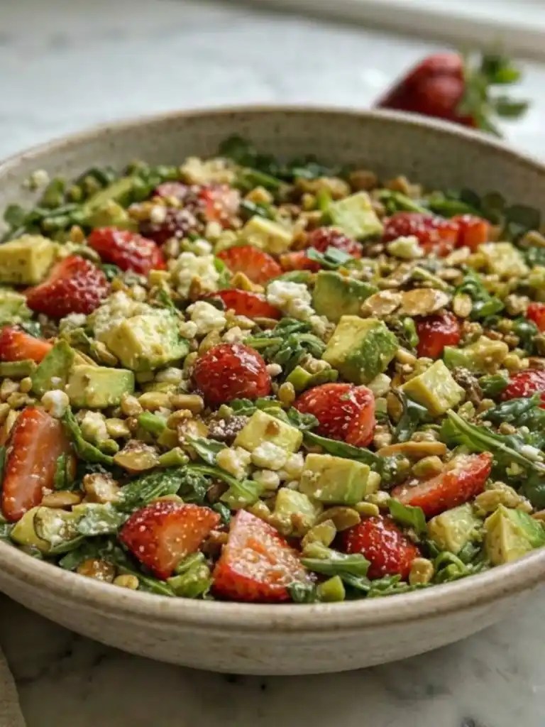 Strawberry Crunch Salad with fresh strawberries, avocado, arugula, pistachios, and toasted almonds in a bowl