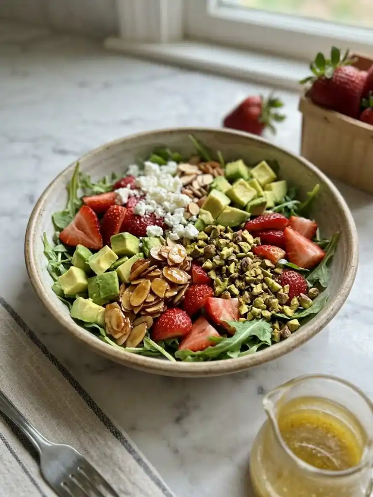 Strawberry Crunch Salad with strawberries, avocado, arugula, pistachios, almonds, and lemon dressing
