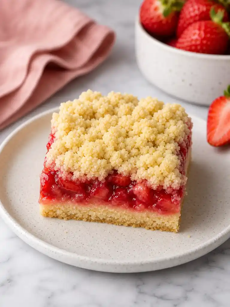 Strawberry Shortcake Bars topped with golden crumb and fresh strawberry filling on a dessert plate