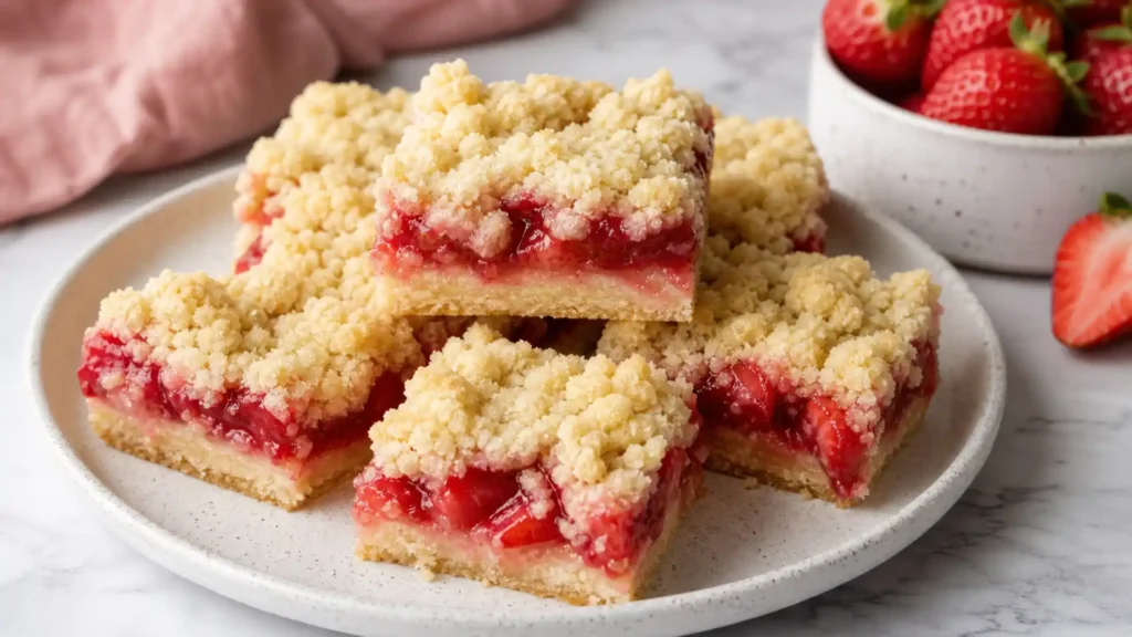 Strawberry Shortcake Bars with buttery crumb topping and fresh strawberry filling on a white plate