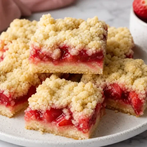 Strawberry Shortcake Bars with buttery crumb topping and fresh strawberry filling on a white plate