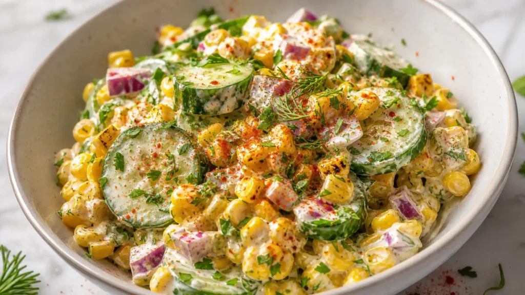 Street Corn Creamy Cucumber Salad with grilled corn, sliced cucumbers, red onion, and creamy lime dressing in a bowl