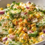 Street Corn Creamy Cucumber Salad with grilled corn, sliced cucumbers, red onion, and creamy lime dressing in a bowl