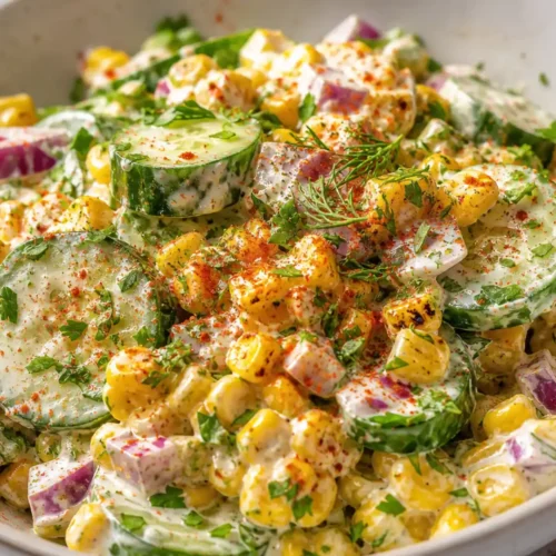 Street Corn Creamy Cucumber Salad with grilled corn, sliced cucumbers, red onion, and creamy lime dressing in a bowl