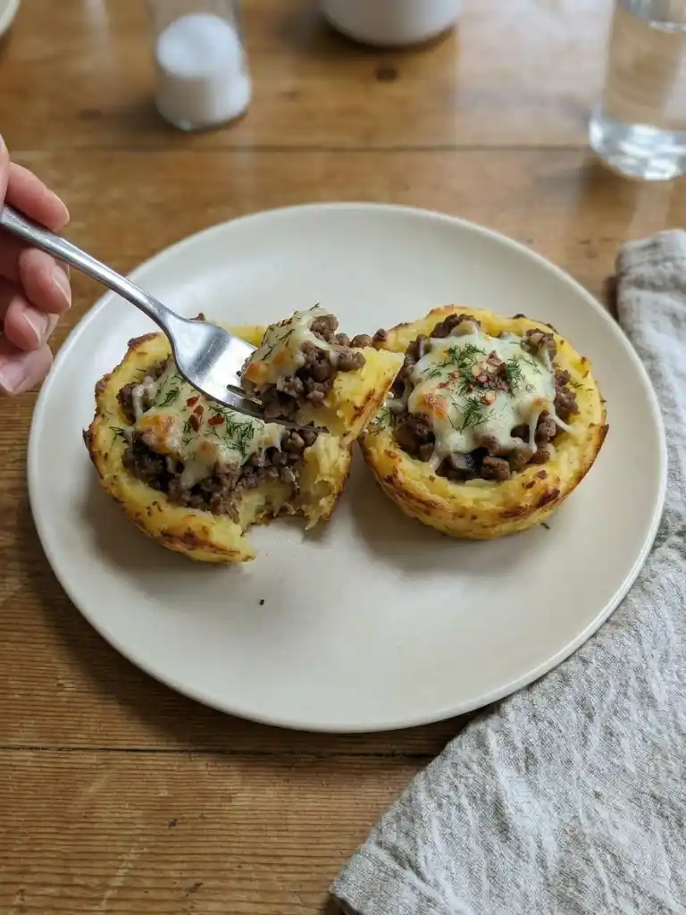 Stuffed mashed potato nests with ground beef and melted cheese served on a white plate