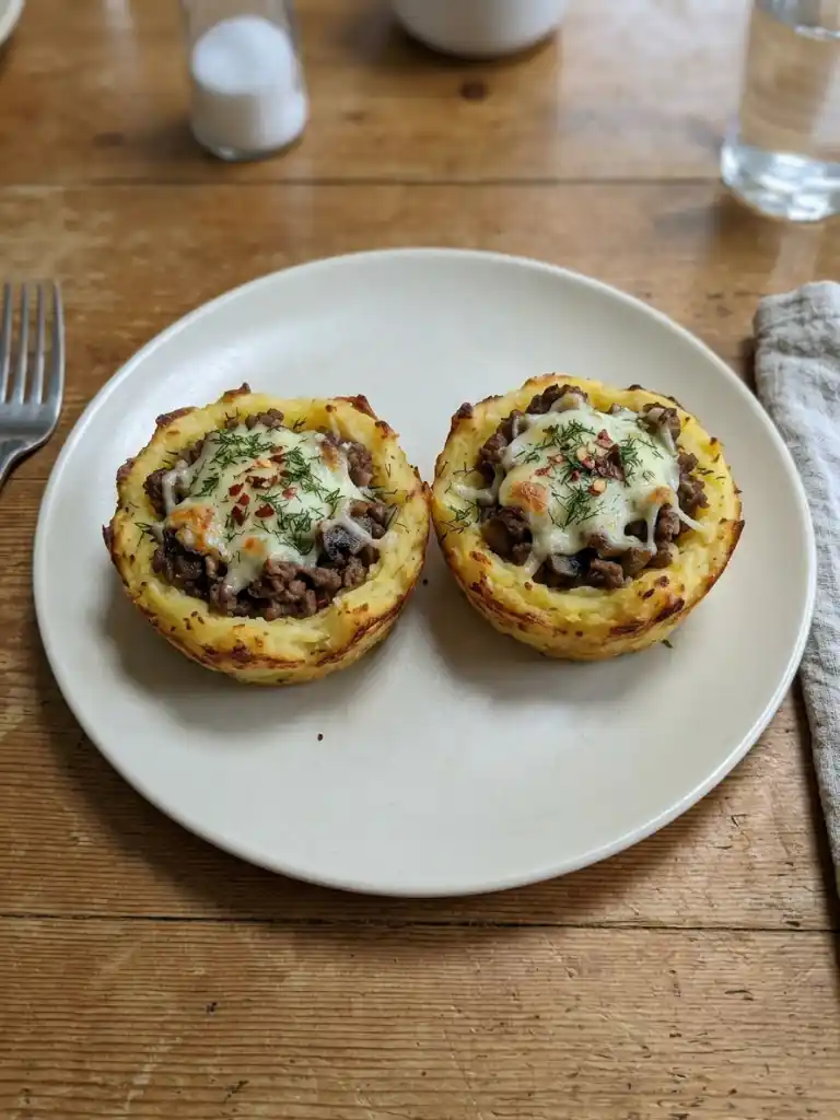 Stuffed mashed potato nests filled with ground beef and melted mozzarella on a white plate