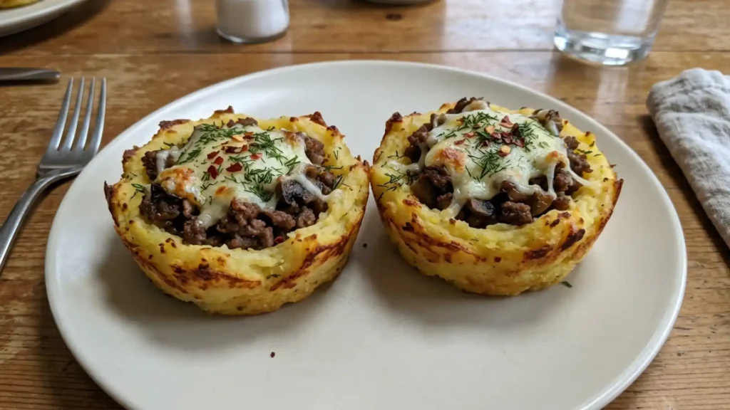 Stuffed mashed potato nests filled with ground beef and melted mozzarella on a white plate