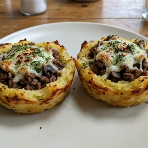 Stuffed mashed potato nests filled with ground beef and melted mozzarella on a white plate