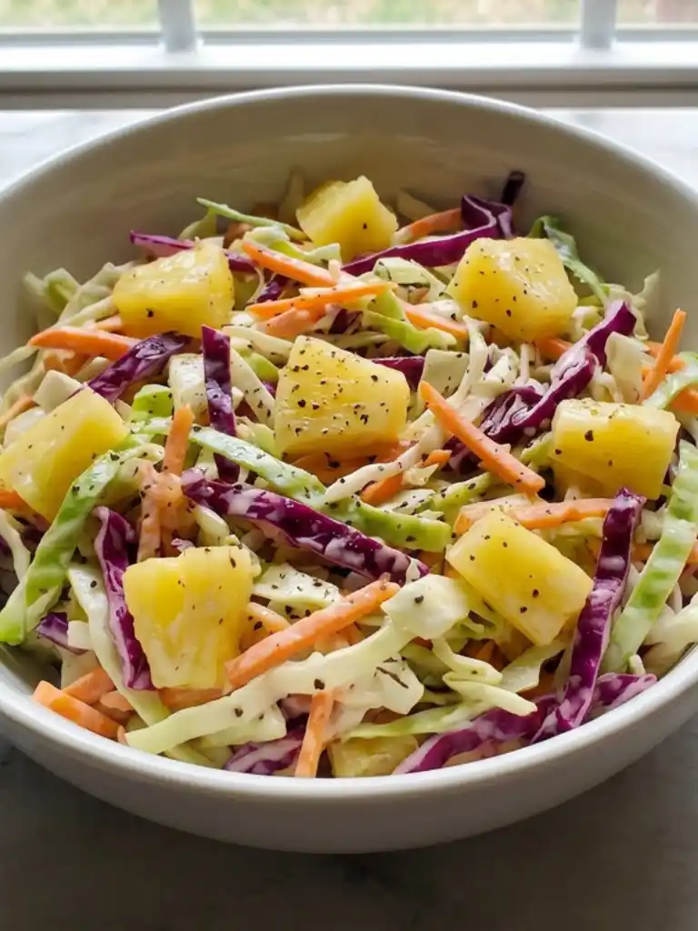Hawaiian Pineapple Coleslaw with cabbage, carrots, and juicy pineapple chunks in a creamy dressing