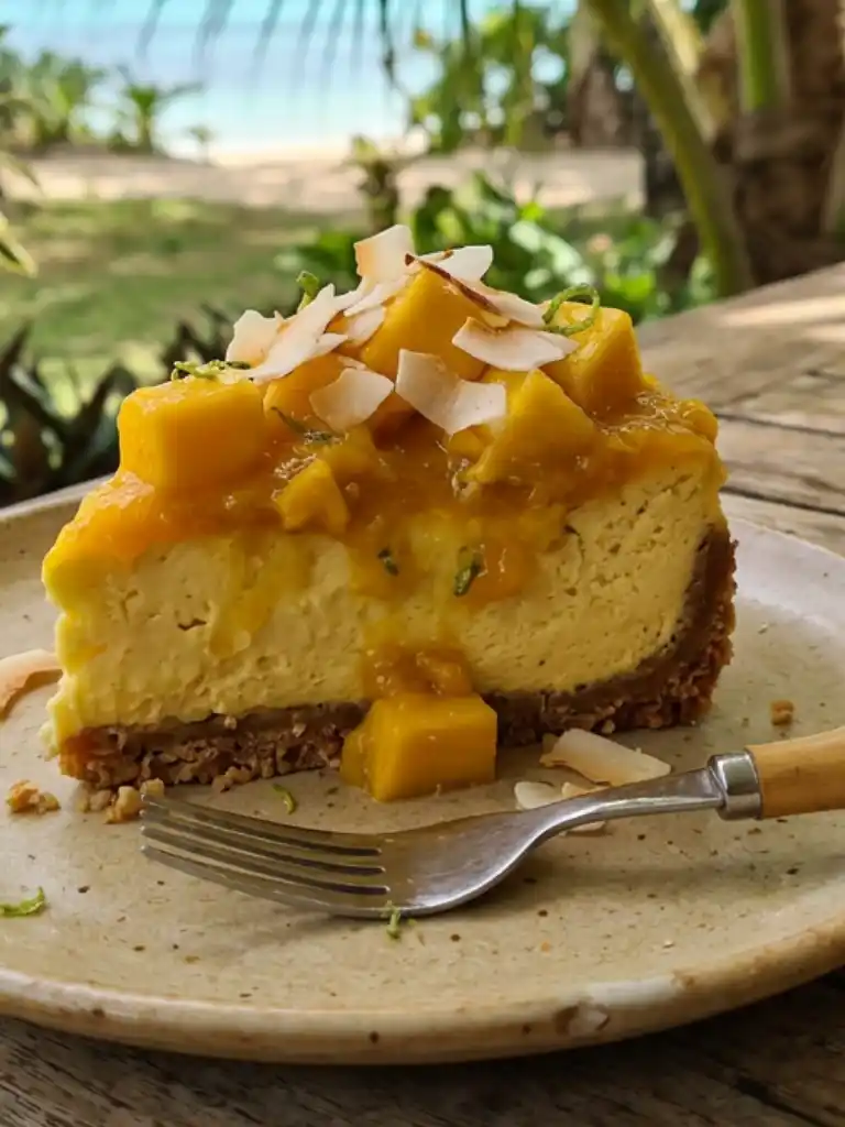 Slice of tropical mango cheesecake with mango glaze and fresh mango cubes on a graham cracker crust