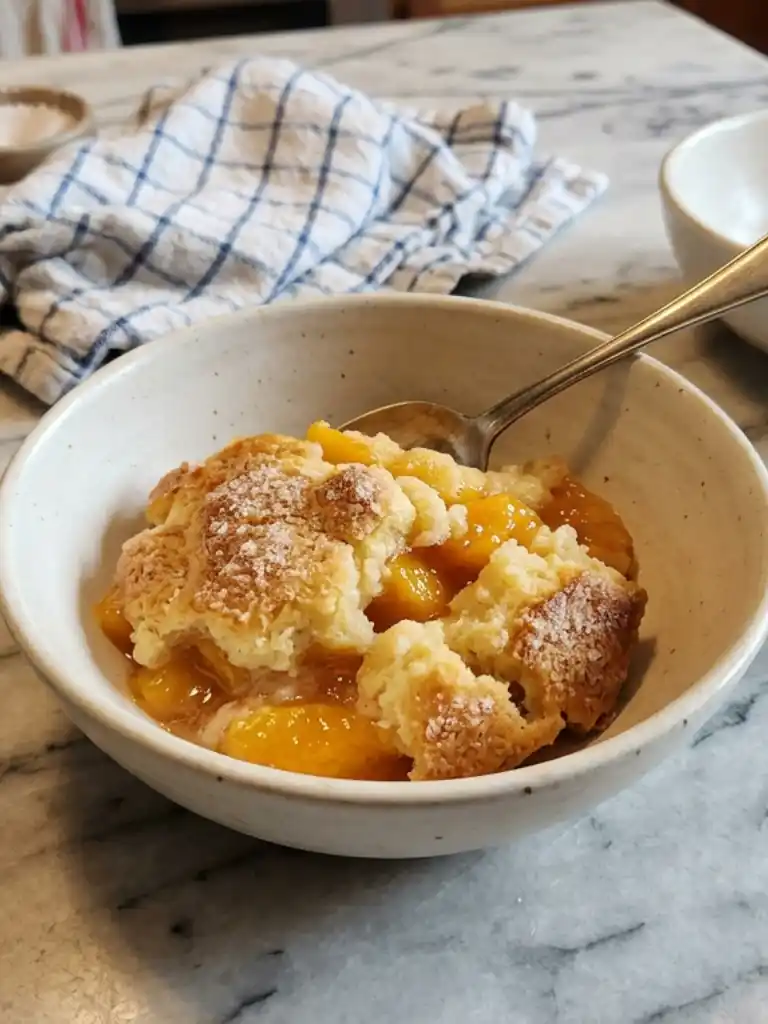 Southern peach cobbler in a bowl with golden biscuit topping and sweet peach filling