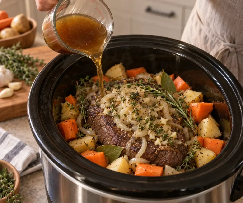 Crock Pot pot roast in a slow cooker with beef, carrots, potatoes, onions, and herbs as broth is poured over the top