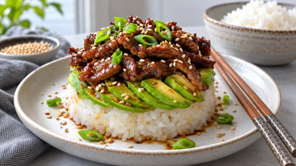 Close view of a teriyaki beef and avocado rice stack with glossy sliced beef fanned avocado and sticky rice garnished with sesame seeds and green onions with chopsticks on the plate