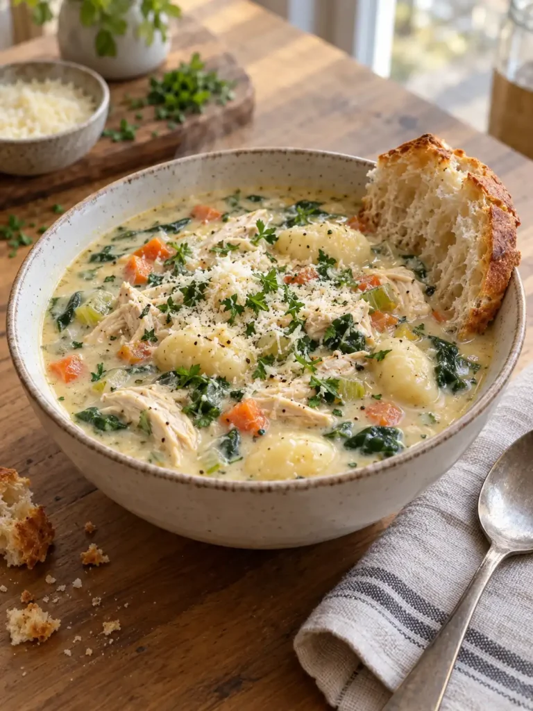 Creamy Chicken Gnocchi Soup served in a ceramic bowl with carrots, celery, spinach, and gnocchi, topped with parsley and Parmesan and a piece of crusty bread on the side