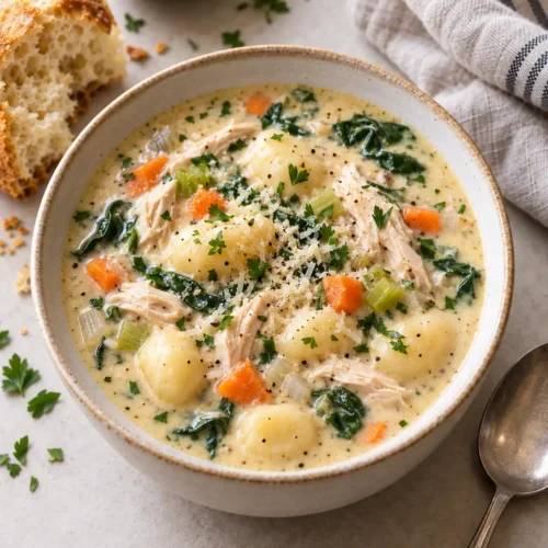 Close up of a bowl of creamy Chicken Gnocchi Soup with gnocchi, shredded chicken, carrots, celery, and spinach, topped with Parmesan and parsley next to crusty bread and a striped napkin