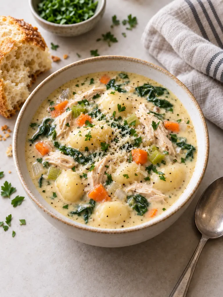 Close up of a bowl of creamy Chicken Gnocchi Soup with gnocchi, shredded chicken, carrots, celery, and spinach, topped with Parmesan and parsley next to crusty bread and a striped napkin