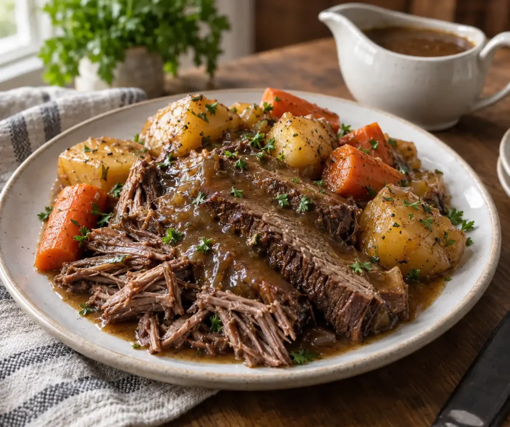 Plate of Crock Pot pot roast with tender beef, potatoes, carrots, and rich brown gravy garnished with parsley