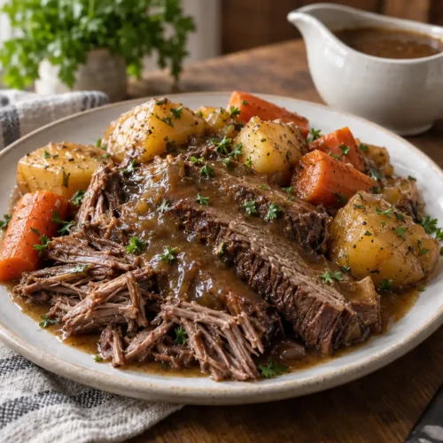 Plate of Crock Pot pot roast with tender beef, potatoes, carrots, and rich brown gravy garnished with parsley